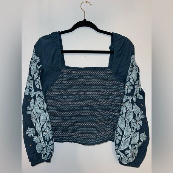 Anthropologie Women’s Small Smocked Embroidered Sequins Puff Sleeve Blue Top - Picture 1 of 11